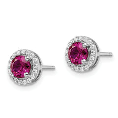 Brilliant Embers Sterling Silver Rhodium-plated 34 Stone CZ and Red Corundum Post Stud Halo Earrings