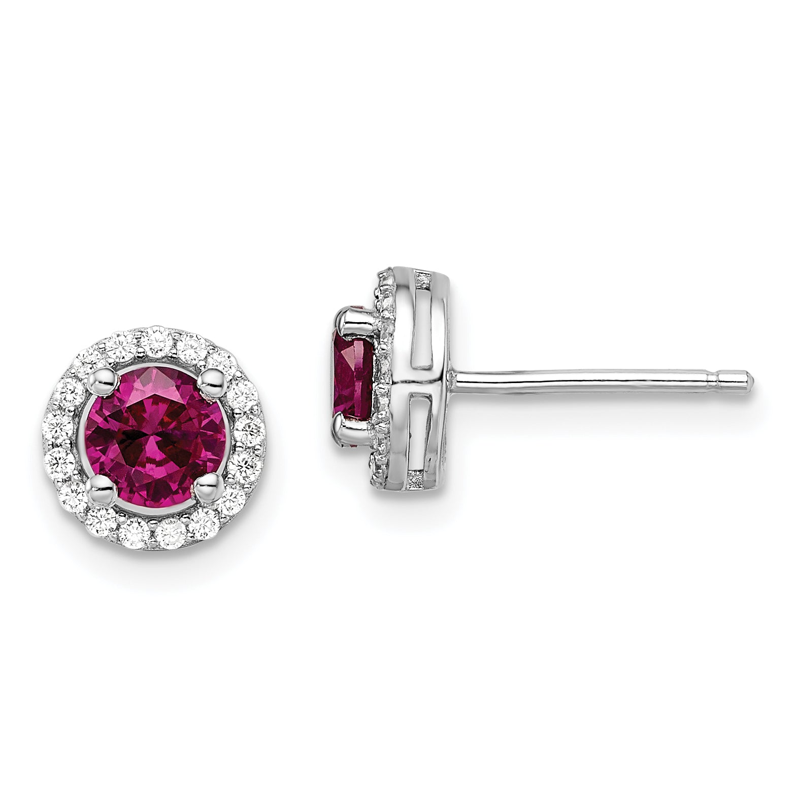 Brilliant Embers Sterling Silver Rhodium-plated 34 Stone CZ and Red Corundum Post Stud Halo Earrings