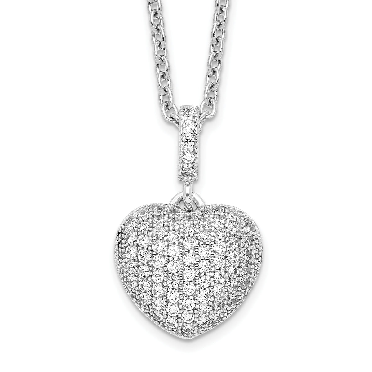 Brilliant Embers Sterling Silver Rhodium-plated 74 Stone 18 inch Micro Pav‚ CZ Heart Necklace with 2 Inch Extender