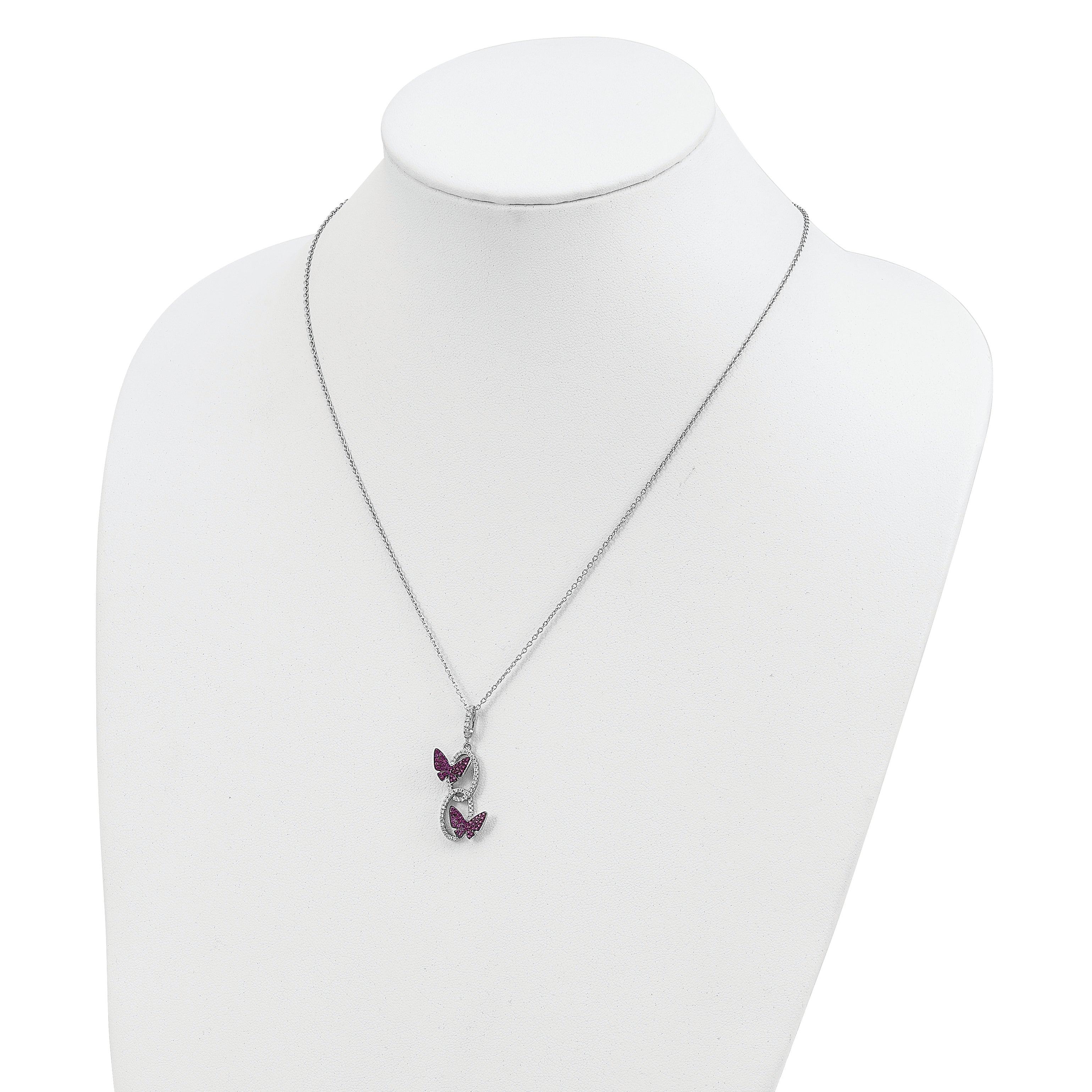 Brilliant Embers Sterling Silver Rhodium-plated 18 inch White CZ Ovals with Red CZ Butterflies Necklace with 2 Inch Extender