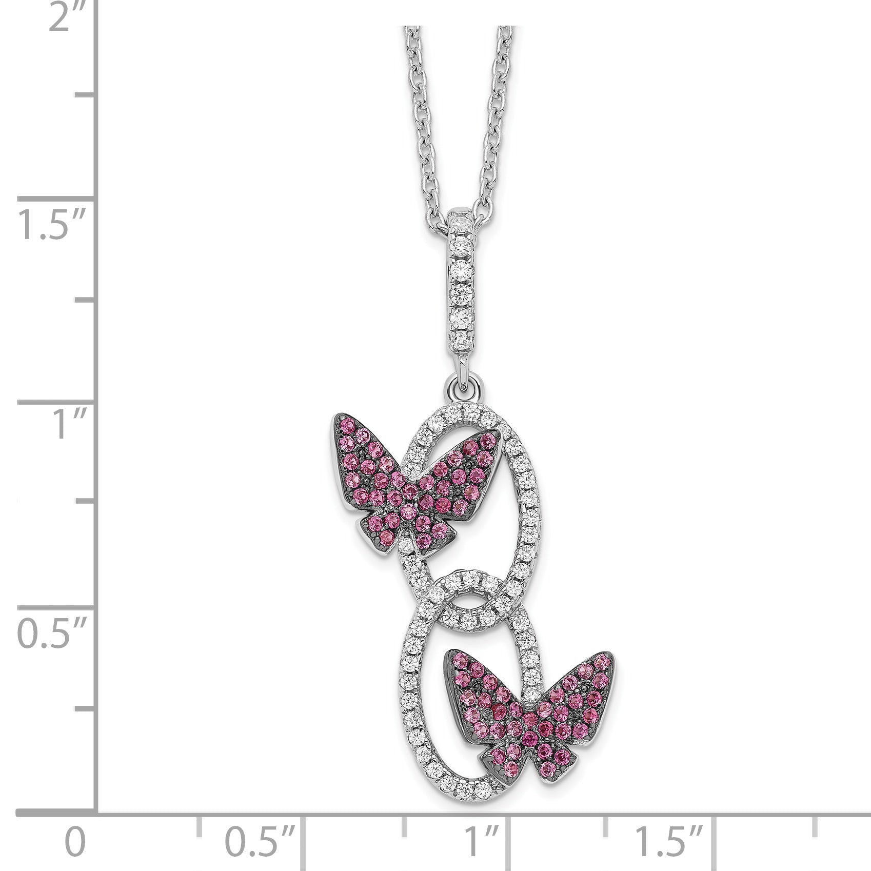 Brilliant Embers Sterling Silver Rhodium-plated 18 inch White CZ Ovals with Red CZ Butterflies Necklace with 2 Inch Extender