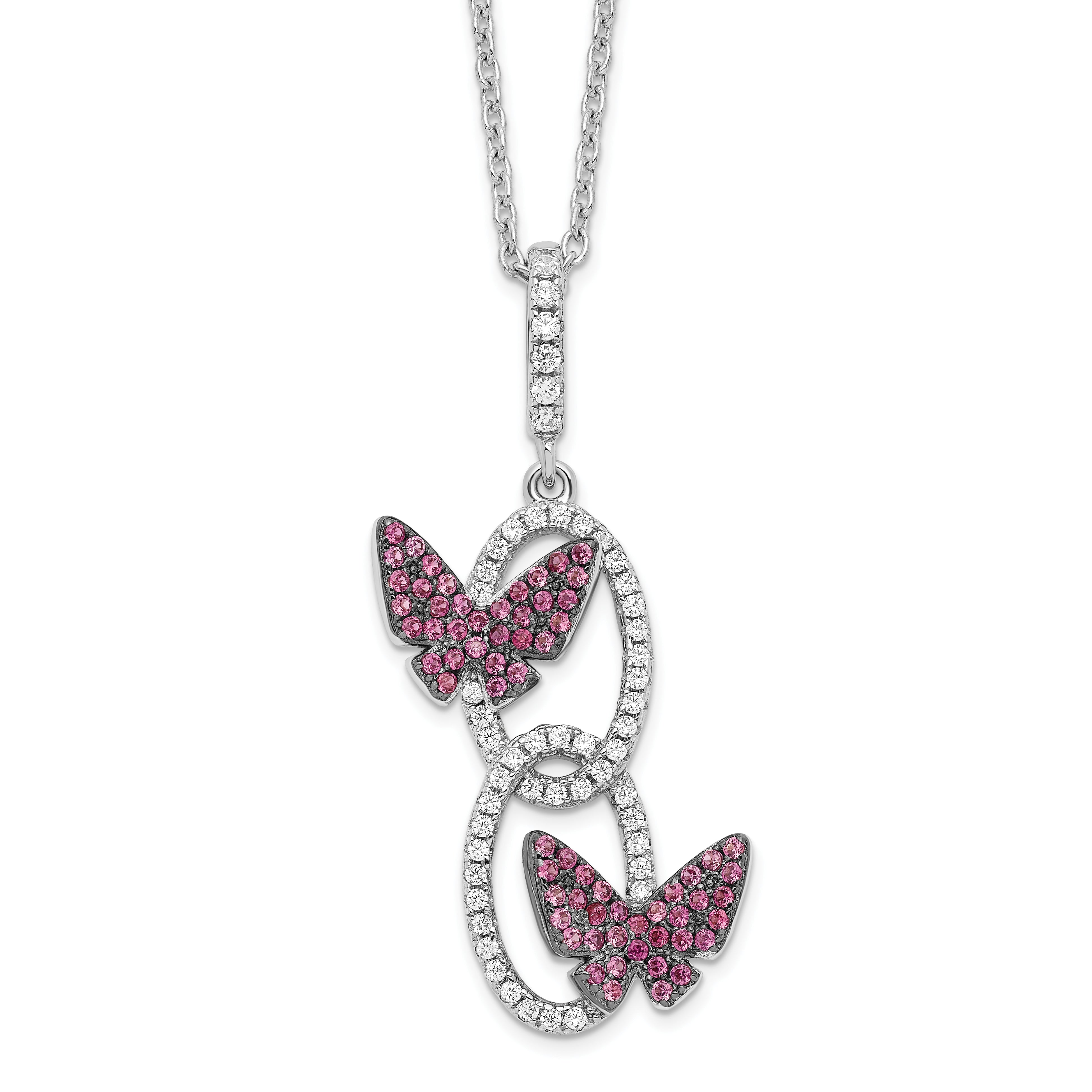 Brilliant Embers Sterling Silver Rhodium-plated 18 inch White CZ Ovals with Red CZ Butterflies Necklace with 2 Inch Extender