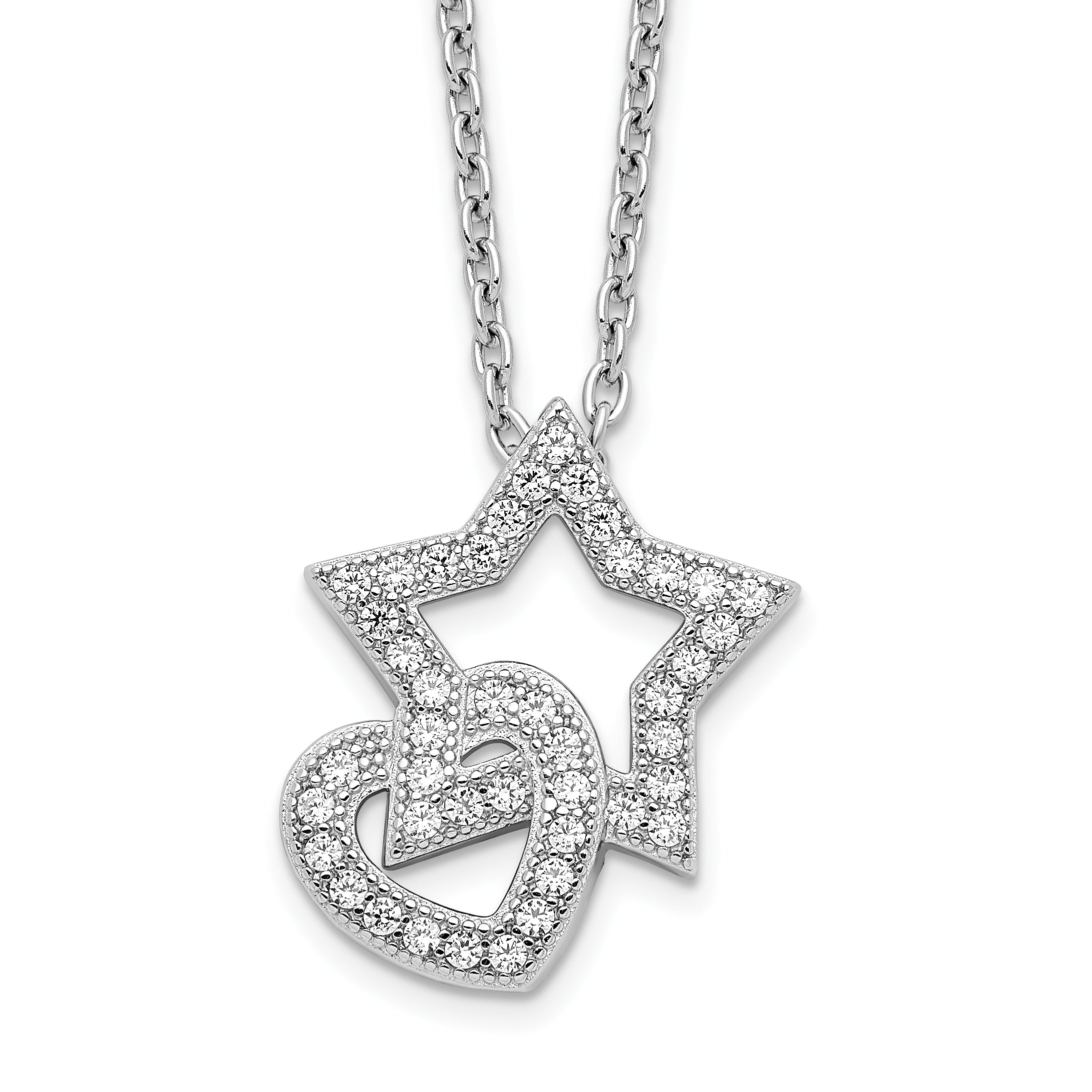 Brilliant Embers Sterling Silver Rhodium-plated 43 Stone 18 inch Micro Pav‚ CZ Heart and Star Necklace with 2 Inch Extender