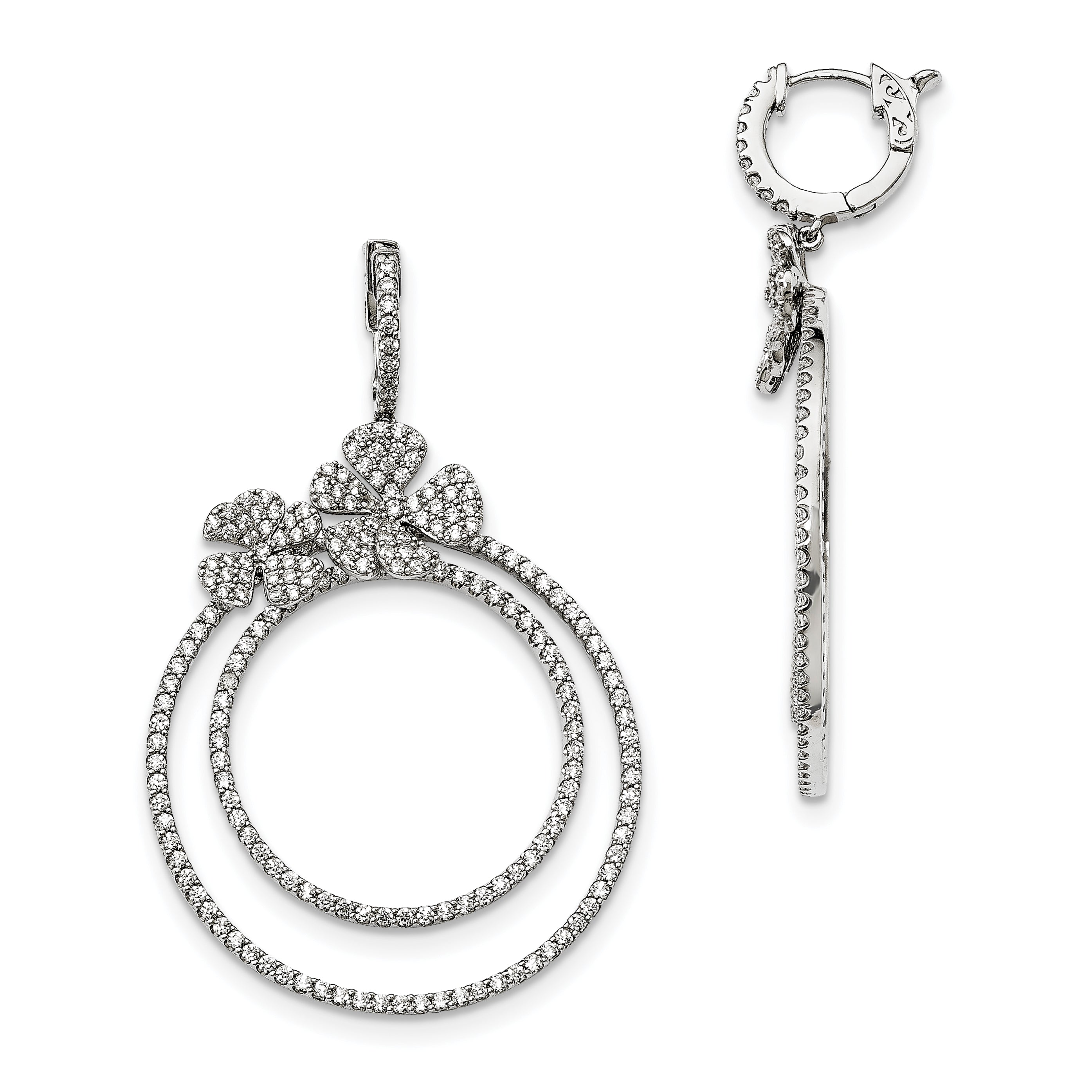 Sterling Silver Rhodium-plated CZ Hinged Hoop Dangle Earrings