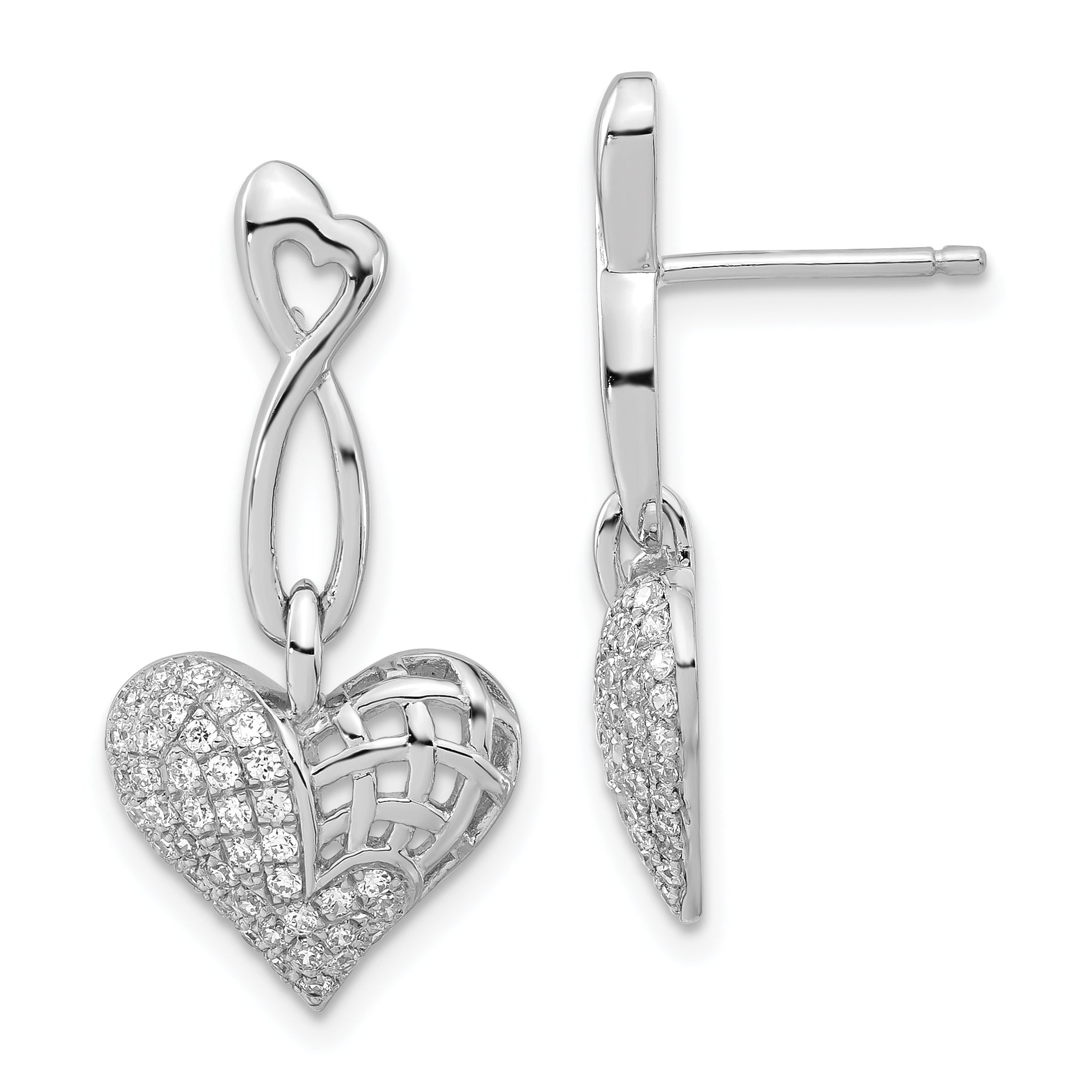 Brilliant Embers Sterling Silver Polished CZ Heart Post Dangle Earrings