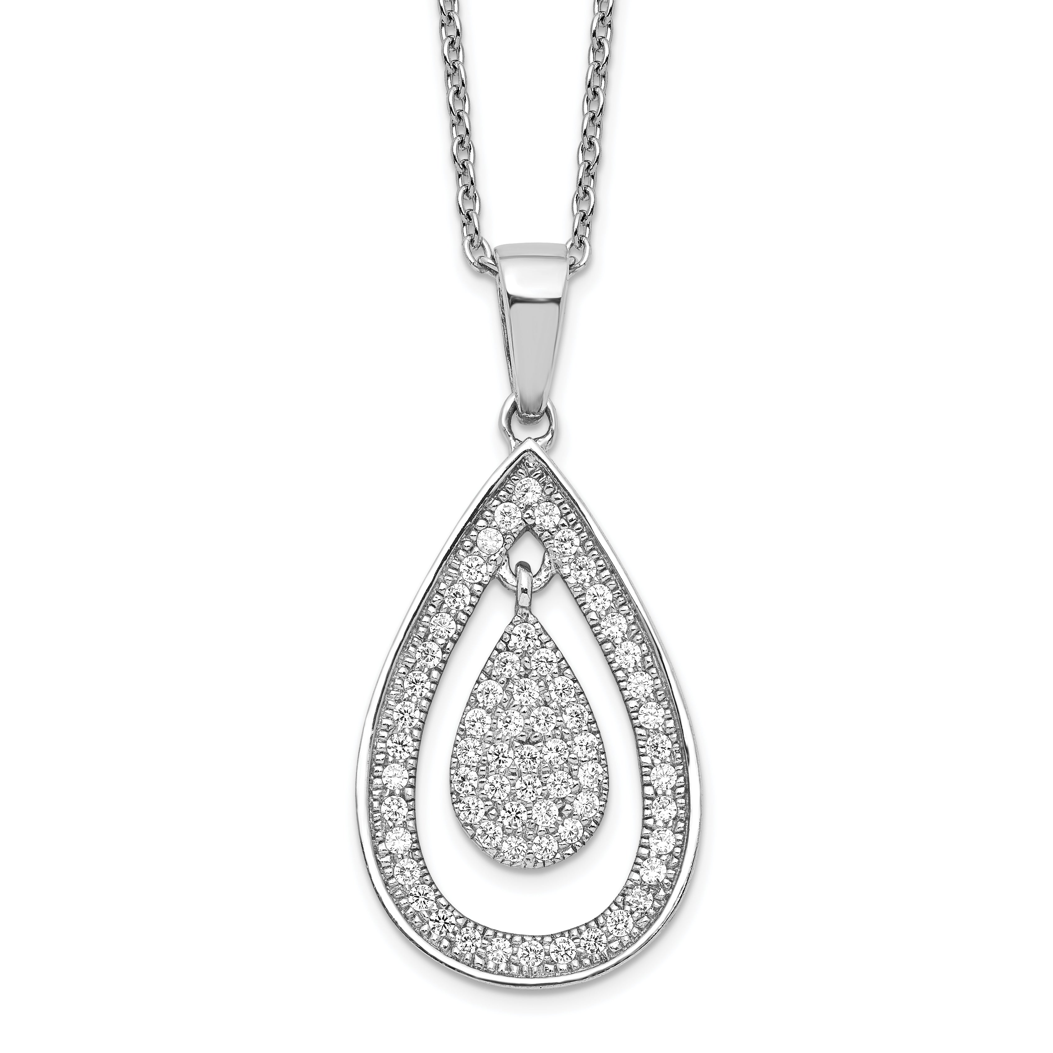 Brilliant Embers Sterling Silver Rhodium-plated 64 Stone 18 inch Micro Pav‚ CZ Teardrop Necklace with 2 Inch Extender