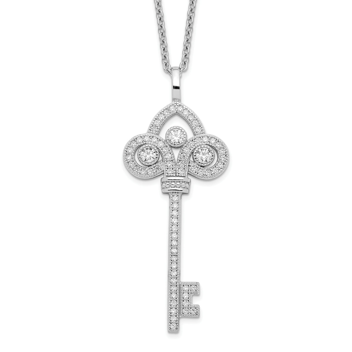 Brilliant Embers Sterling Silver Rhodium-plated 69 Stone 18 inch Micro Pav‚ CZ Polished Key Necklace with 2 Inch Extender