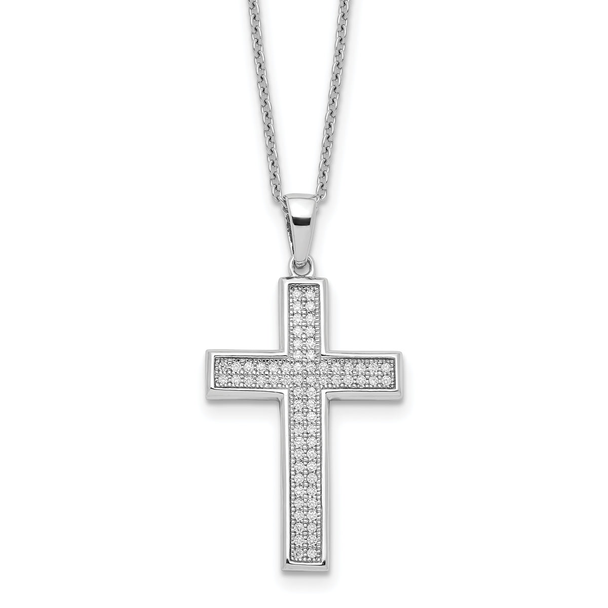 Brilliant Embers Sterling Silver Rhodium-plated 68 Stone 18 inch Micro Pav‚ CZ Polished Cross Necklace with 2 Inch Extender