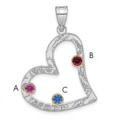 SS/Rhod-plated 3 Birthstone Heart with 14k Bezel Family Pendant