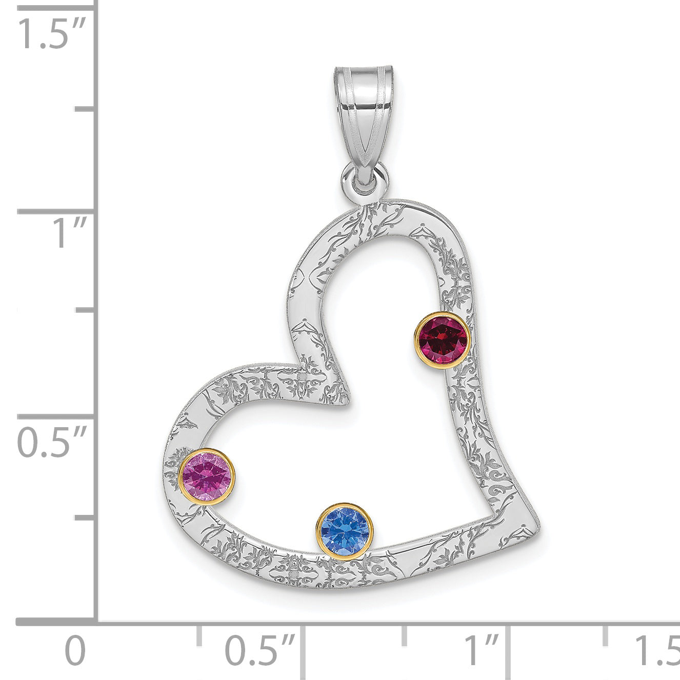 SS/Rhod-plated 3 Birthstone Heart with 14k Bezel Family Pendant