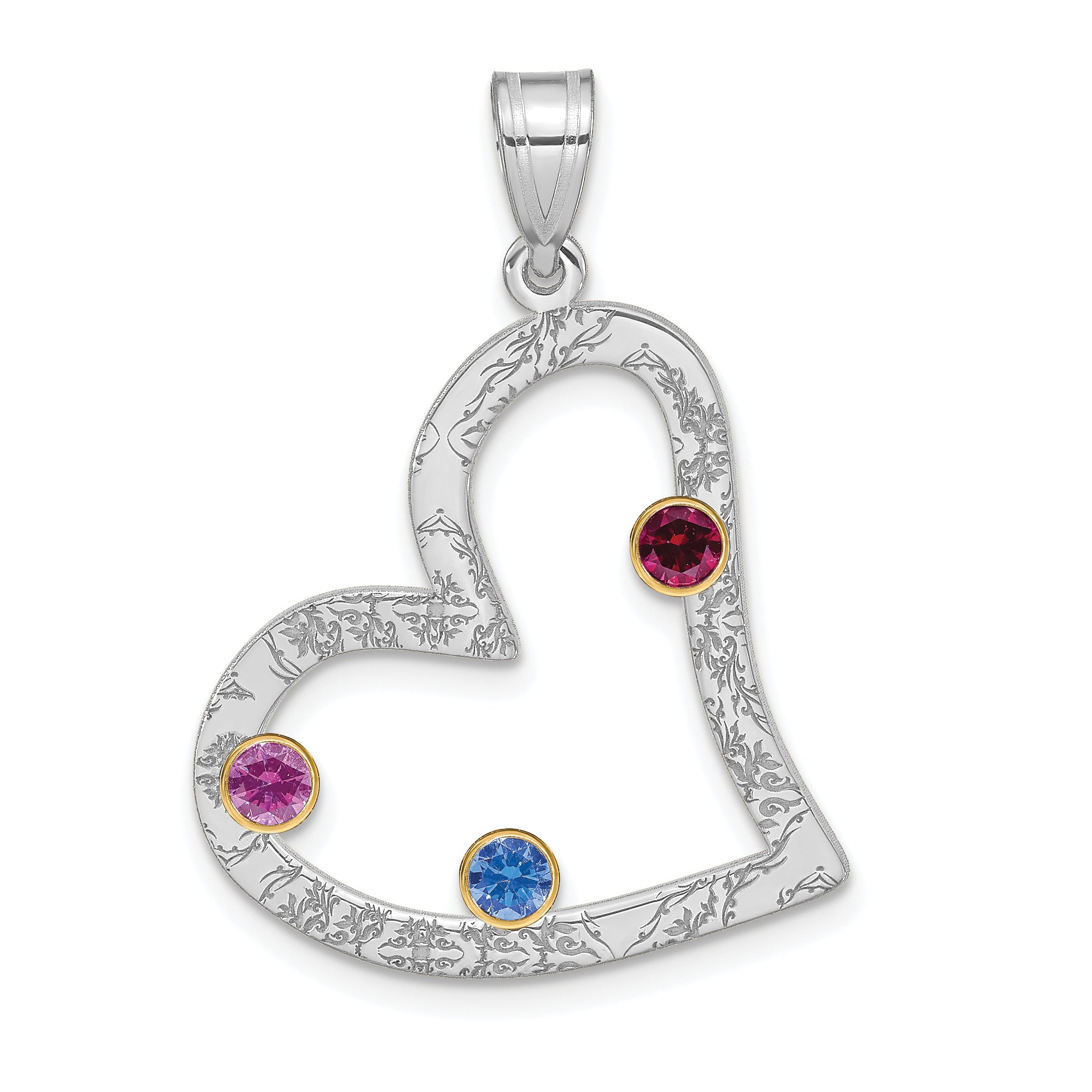 SS/Rhod-plated 3 Birthstone Heart with 14k Bezel Family Pendant