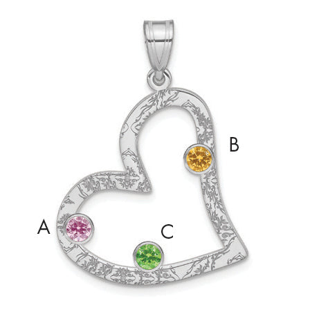 SS/Rhodium-plated 3 Birthstone Heart with SS Bezel Family Pendant