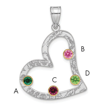 SS/Rhod-plated 4 Birthstone Heart with 14k Bezel Family Pendant