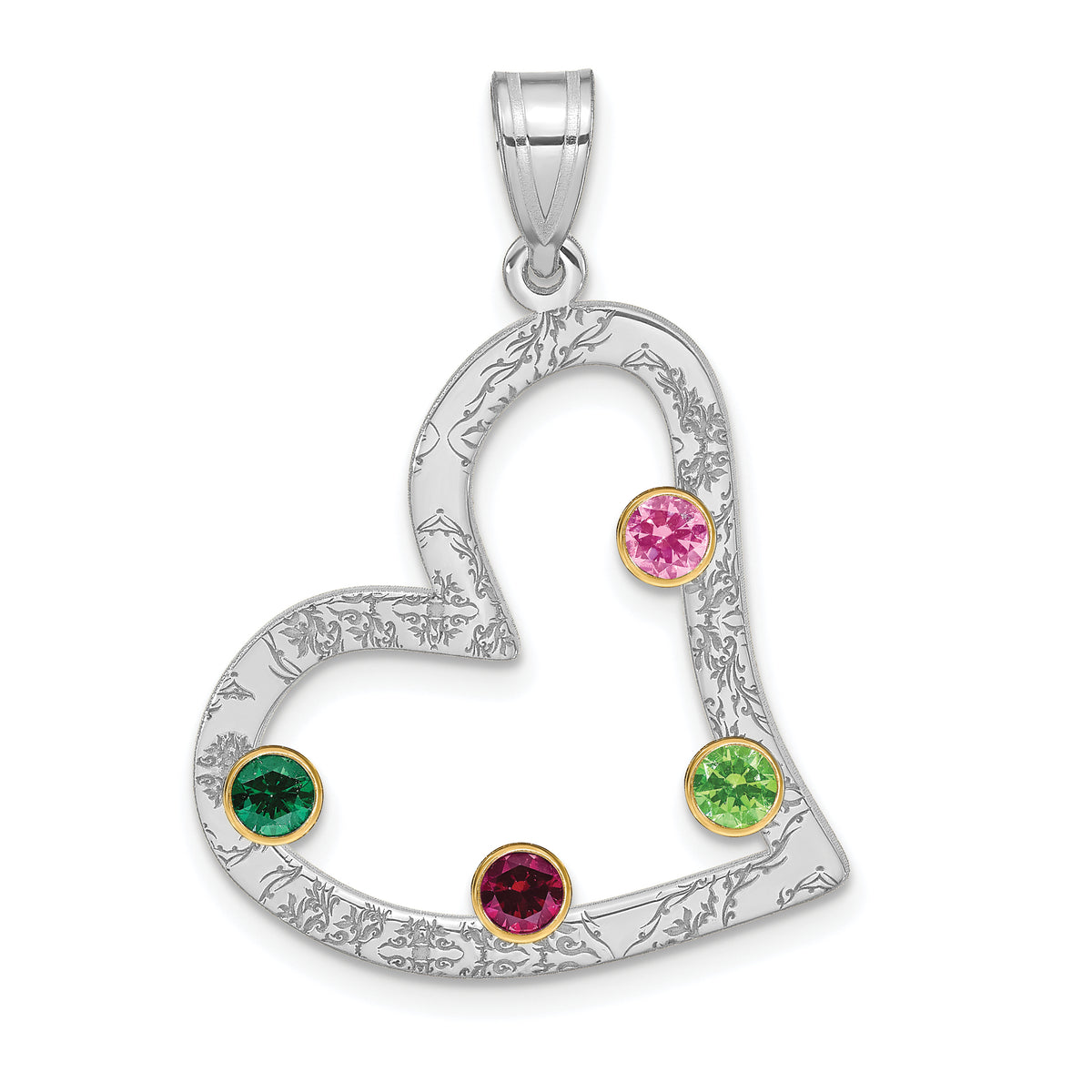 SS/Rhod-plated 4 Birthstone Heart with 14k Bezel Family Pendant