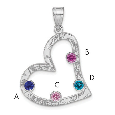 SS/Rhodium-plated 4 Birthstone Heart with SS Bezel Family Pendant