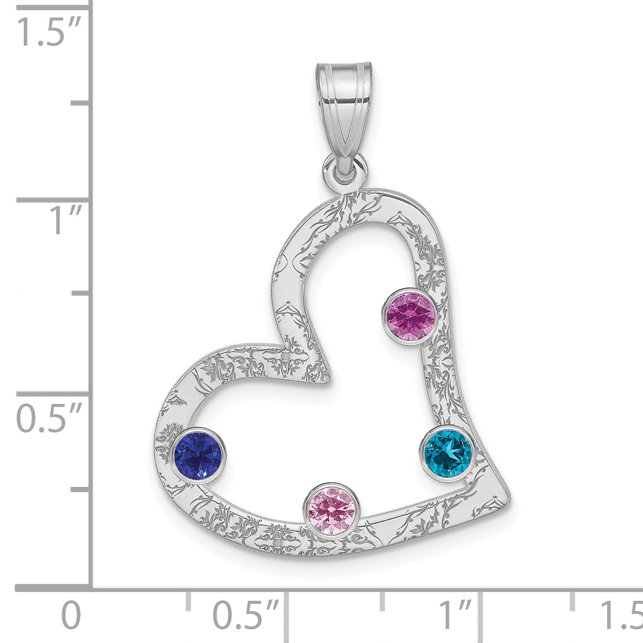 SS/Rhodium-plated 4 Birthstone Heart with SS Bezel Family Pendant