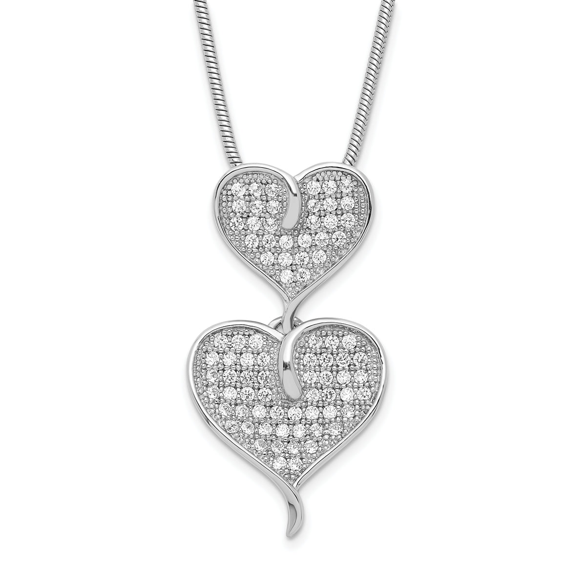 Sterling Silver & CZ Brilliant Embers Polished Double Heart Necklace