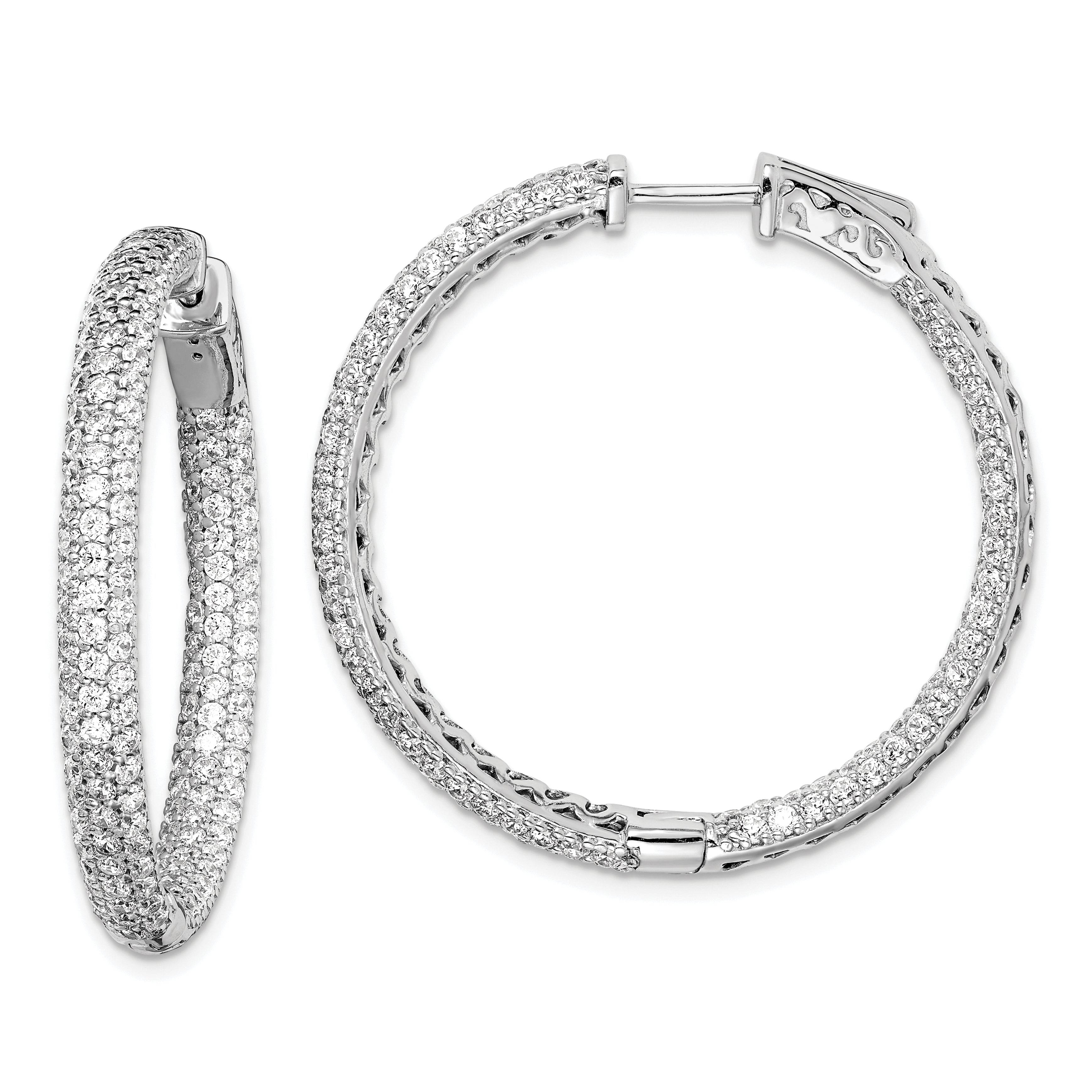 Sterling Shimmer Sterling Silver Rhodium-plated 304 Stone Pav‚ 1.5mm CZ In and Out Round Hinged Hoop Earrings