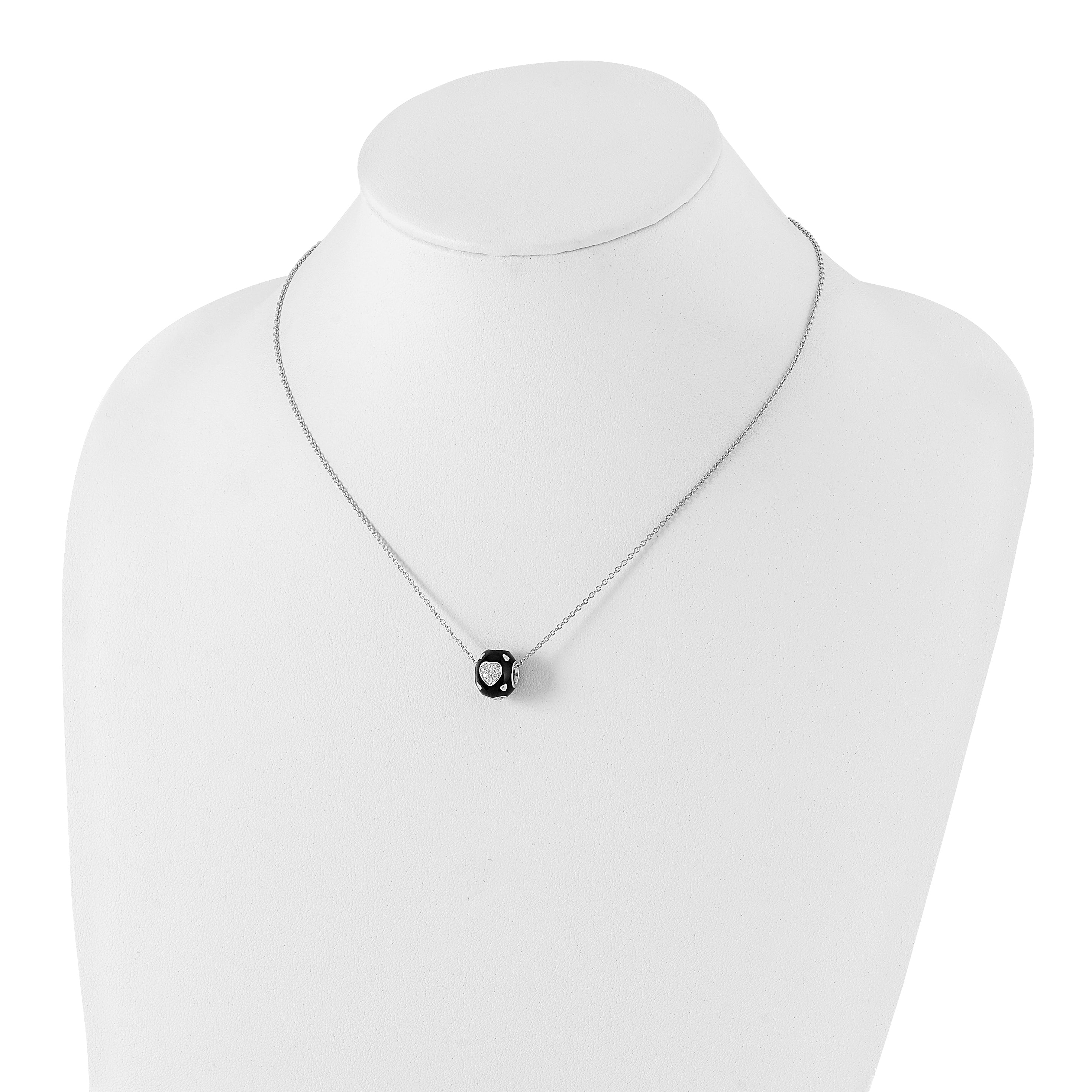 Sterling Silver Black Enamel & CZ True Fire Hearts Bead Necklace