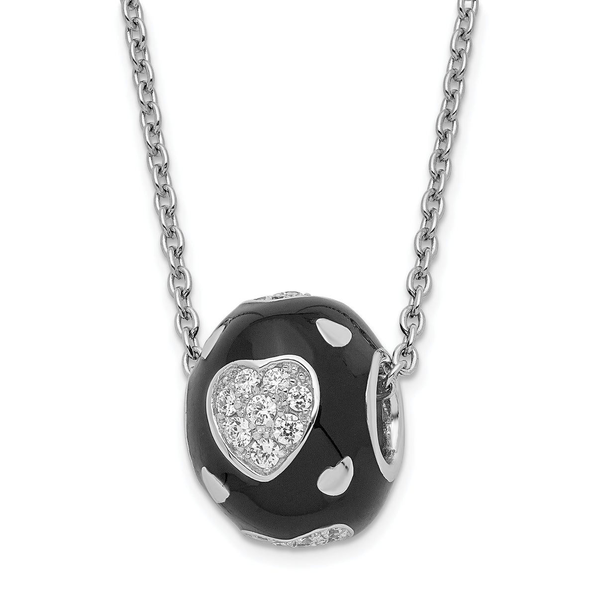 Sterling Silver Black Enamel & CZ True Fire Hearts Bead Necklace