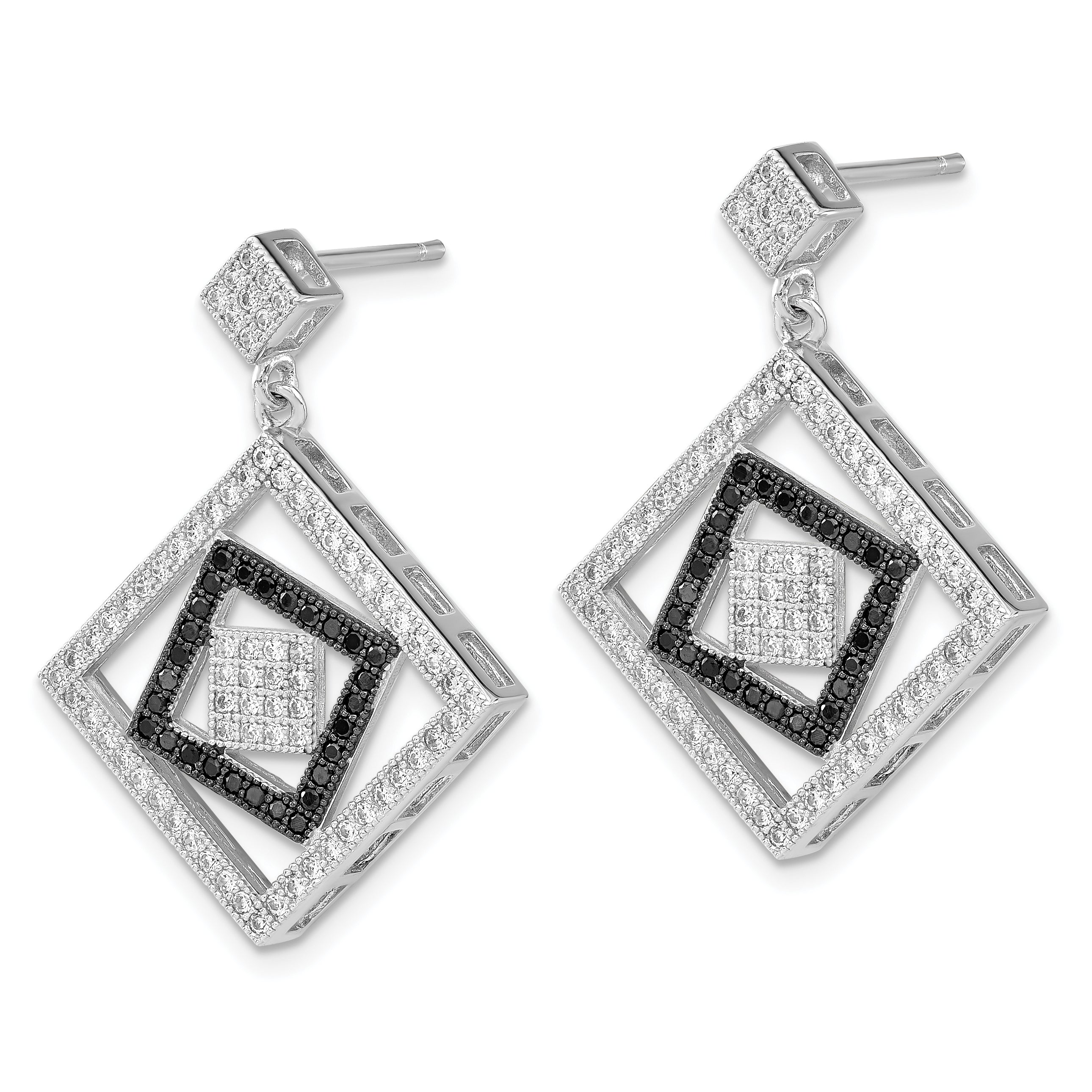 True Fire Sterling Silver Black & Clear CZ Square Design Dangle Earrings