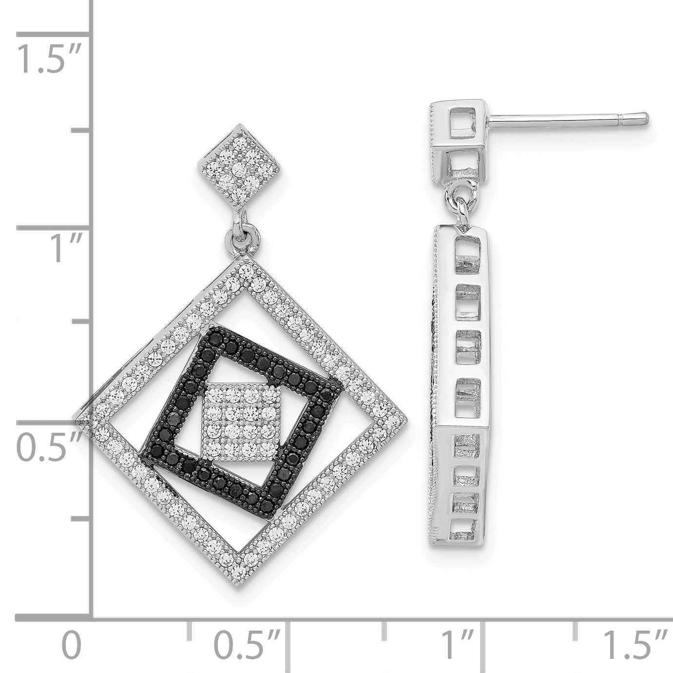 True Fire Sterling Silver Black & Clear CZ Square Design Dangle Earrings