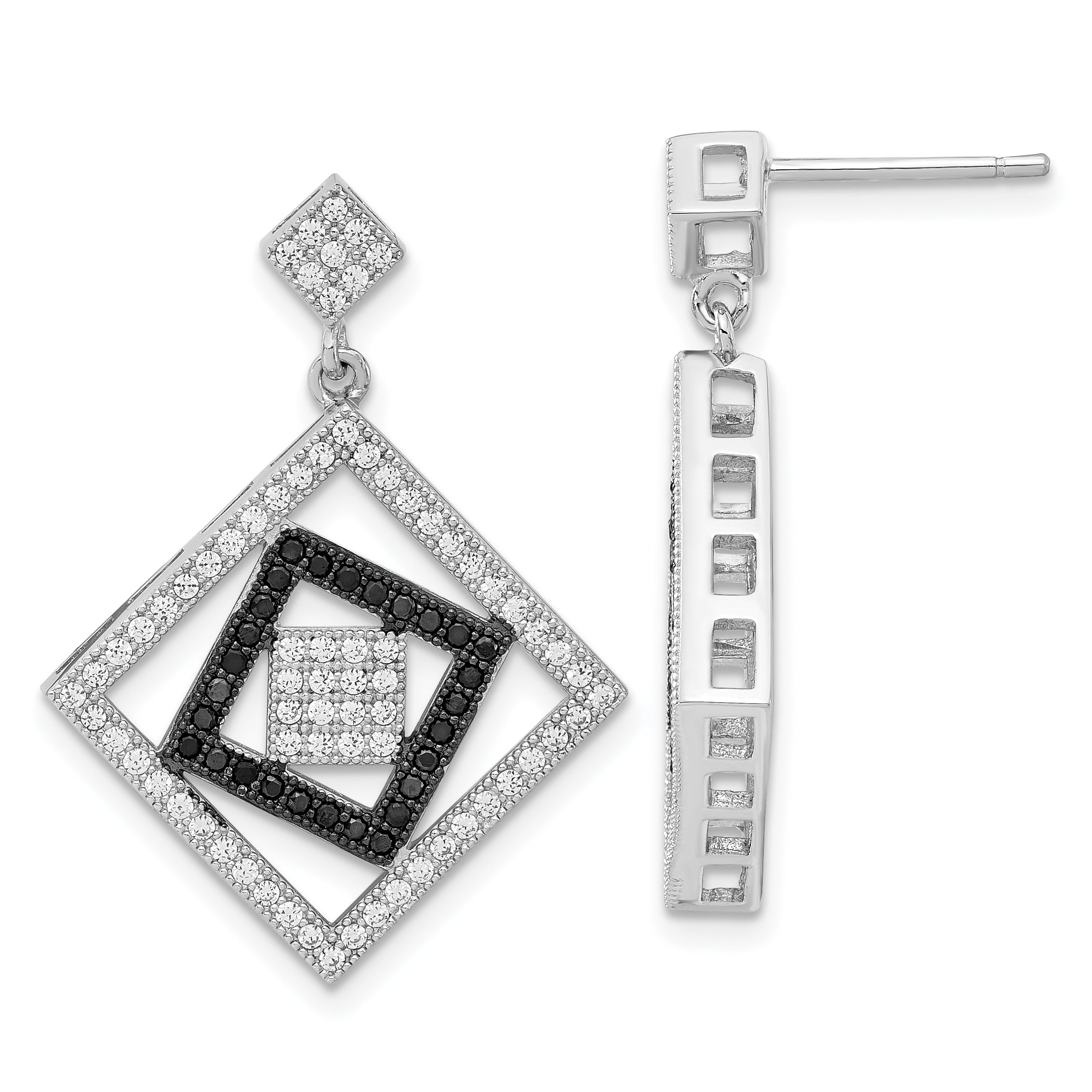 True Fire Sterling Silver Black & Clear CZ Square Design Dangle Earrings