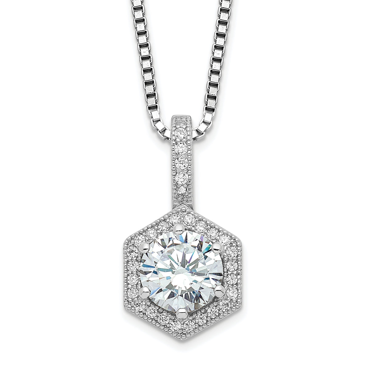 Brilliant Embers Sterling Silver Rhodium-plated 31 Stone 18 inch Micro Pav‚ CZ Hexagon Necklace with 2 Inch Extender