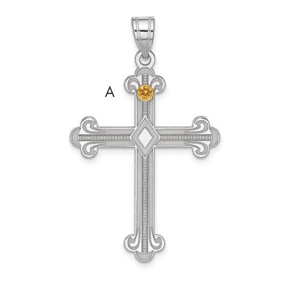 Sterling Silver Rh-plt/14k Bezel Crystal Family Cross Pendant