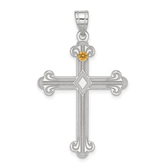 Sterling Silver Rh-plt/14k Bezel Crystal Family Cross Pendant