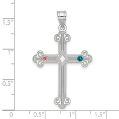 Sterling Silver Rh-plt/14k Bezel Crystal Family Cross Pendant