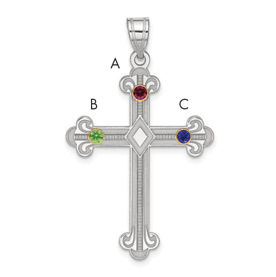 Sterling Silver Rh-plt/14k Bezel Crystal Family Cross Pendant