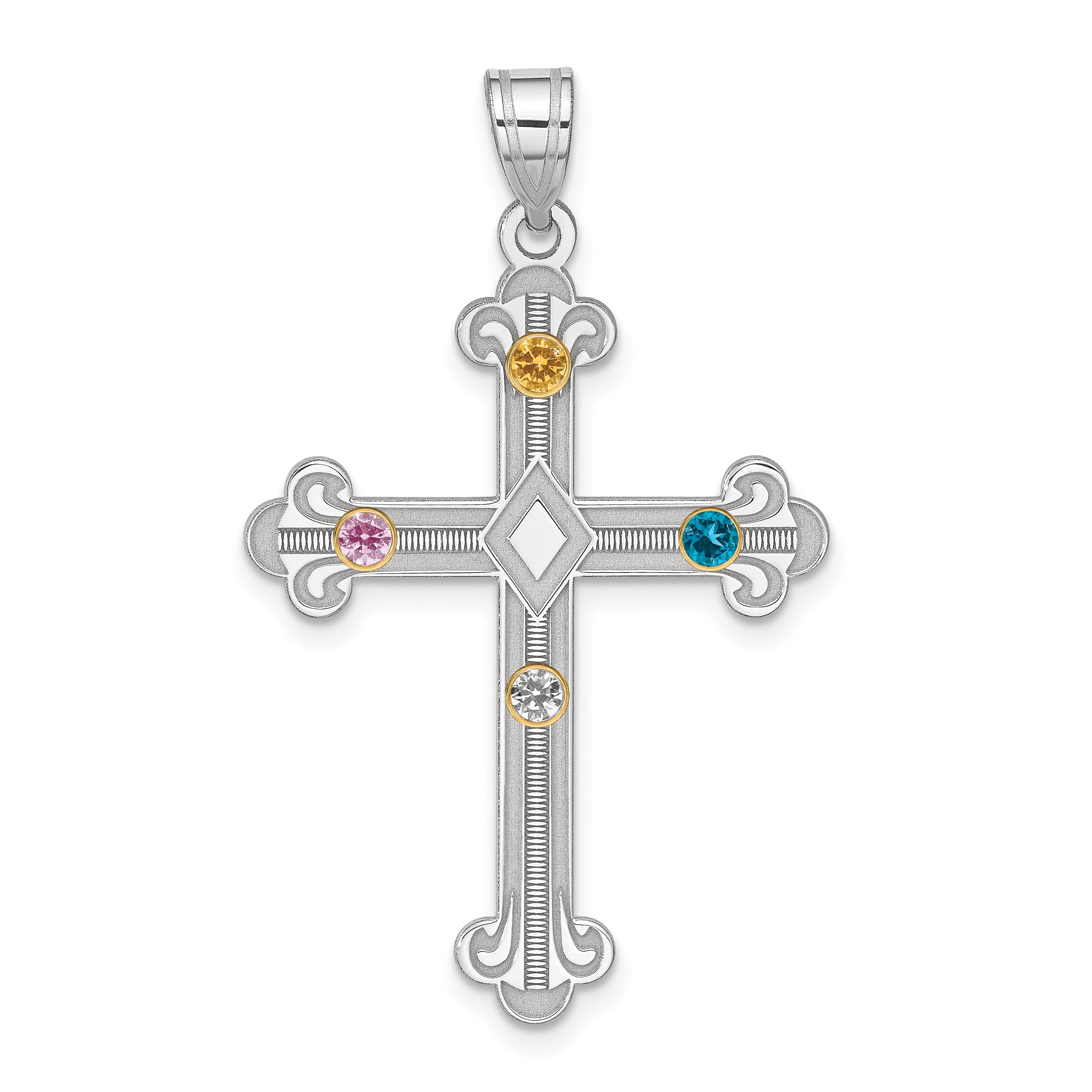 Sterling Silver Rh-plt/14k Bezel Crystal Family Cross Pendant