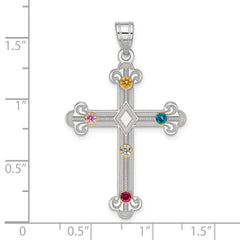 Sterling Silver Rh-plt/14k Bezel Crystal Family Cross Pendant