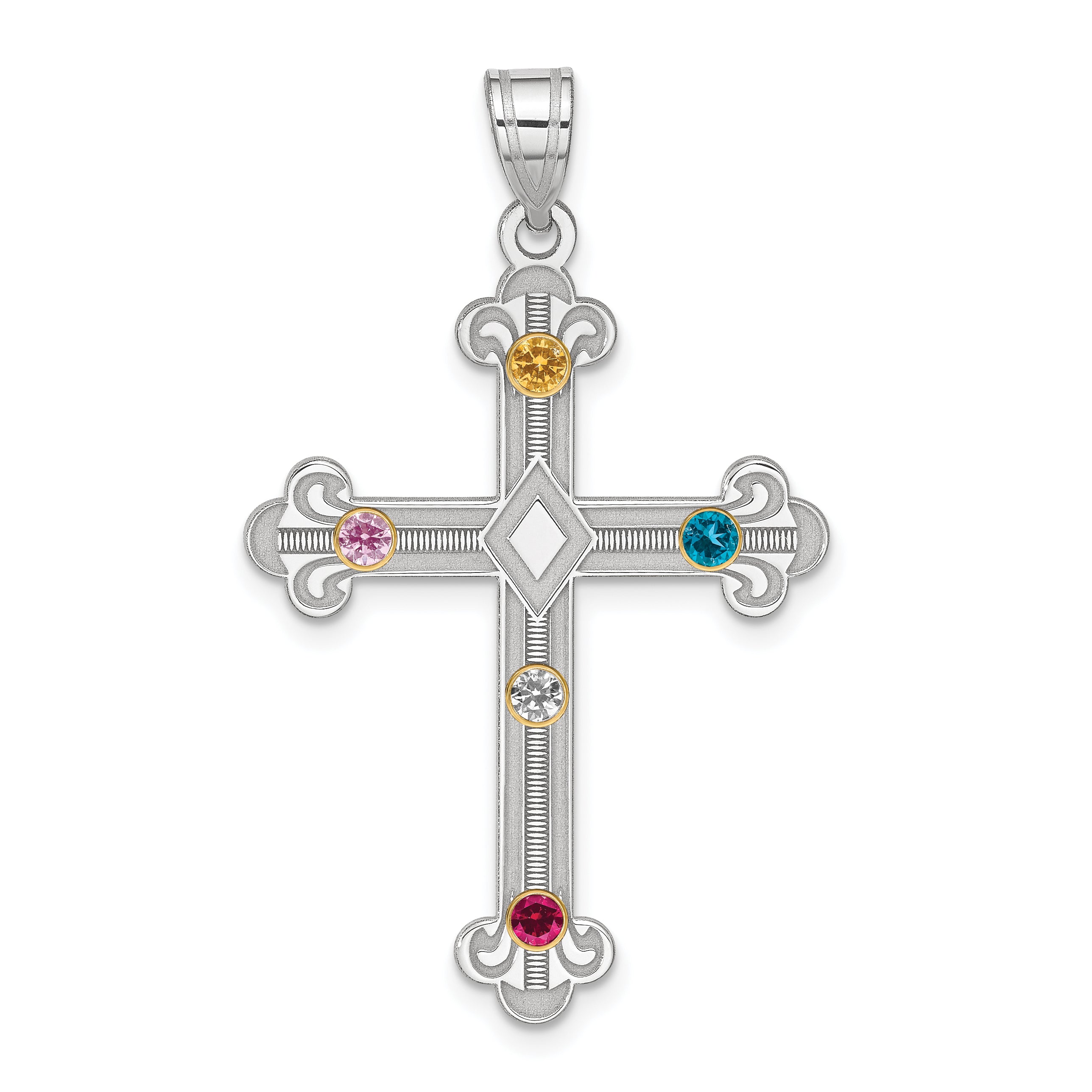 Sterling Silver Rh-plt/14k Bezel Crystal Family Cross Pendant