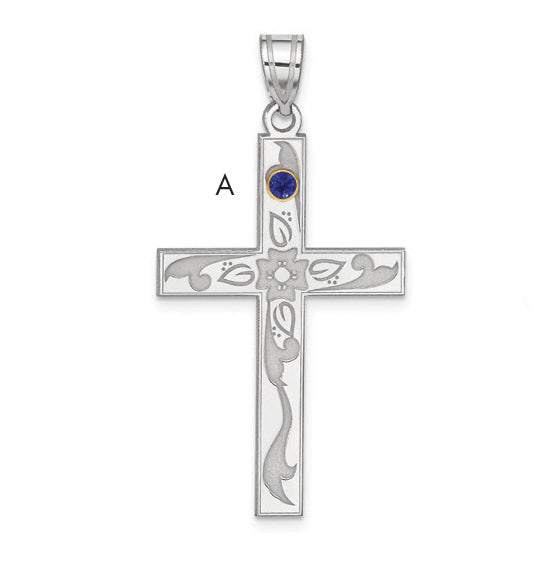 Sterling Silver Rh-plt/14k Bezel Crystal Family Cross Pendant