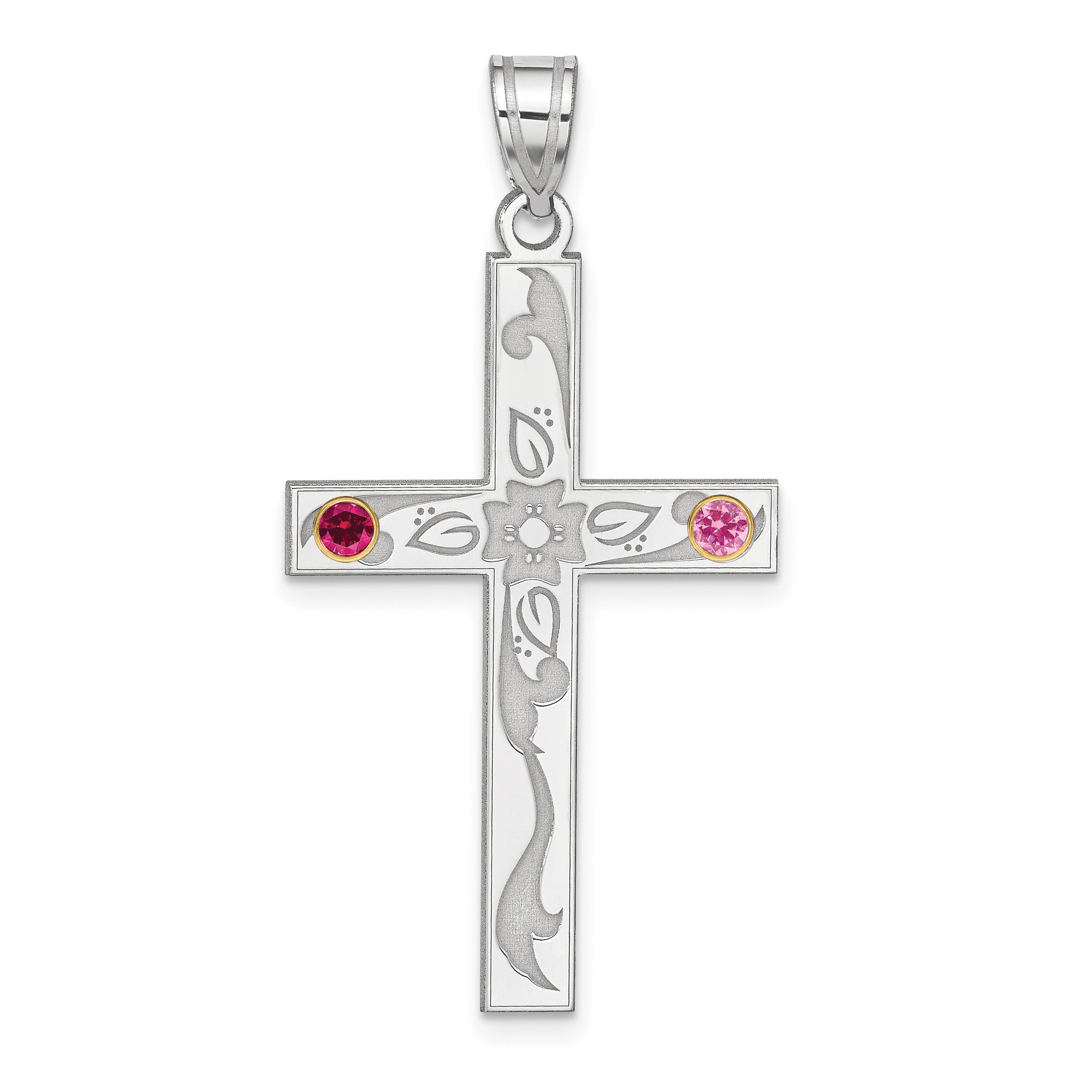 Sterling Silver Rh-plt/14k Bezel Crystal Family Cross Pendant