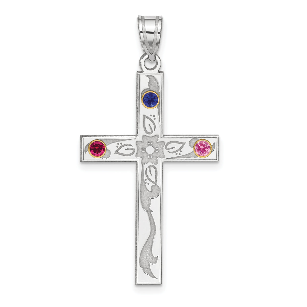 Sterling Silver Rh-plt/14k Bezel Crystal Family Cross Pendant