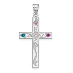 Sterling Silver Rh-plt Crystal Family Cross Pendant