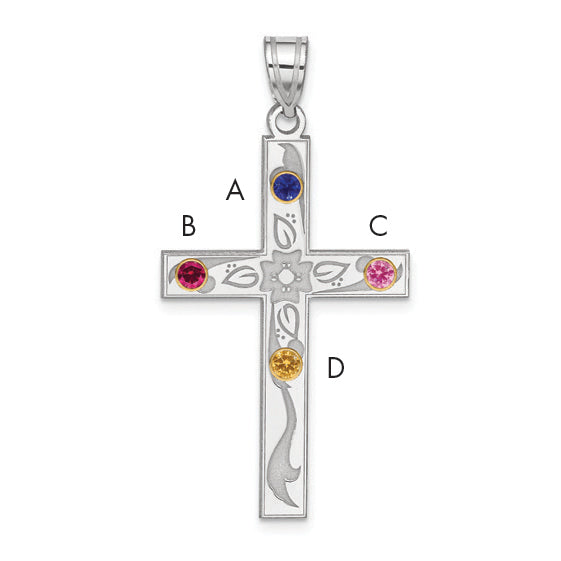 Sterling Silver Rh-plt/14k Bezel Crystal Family Cross Pendant