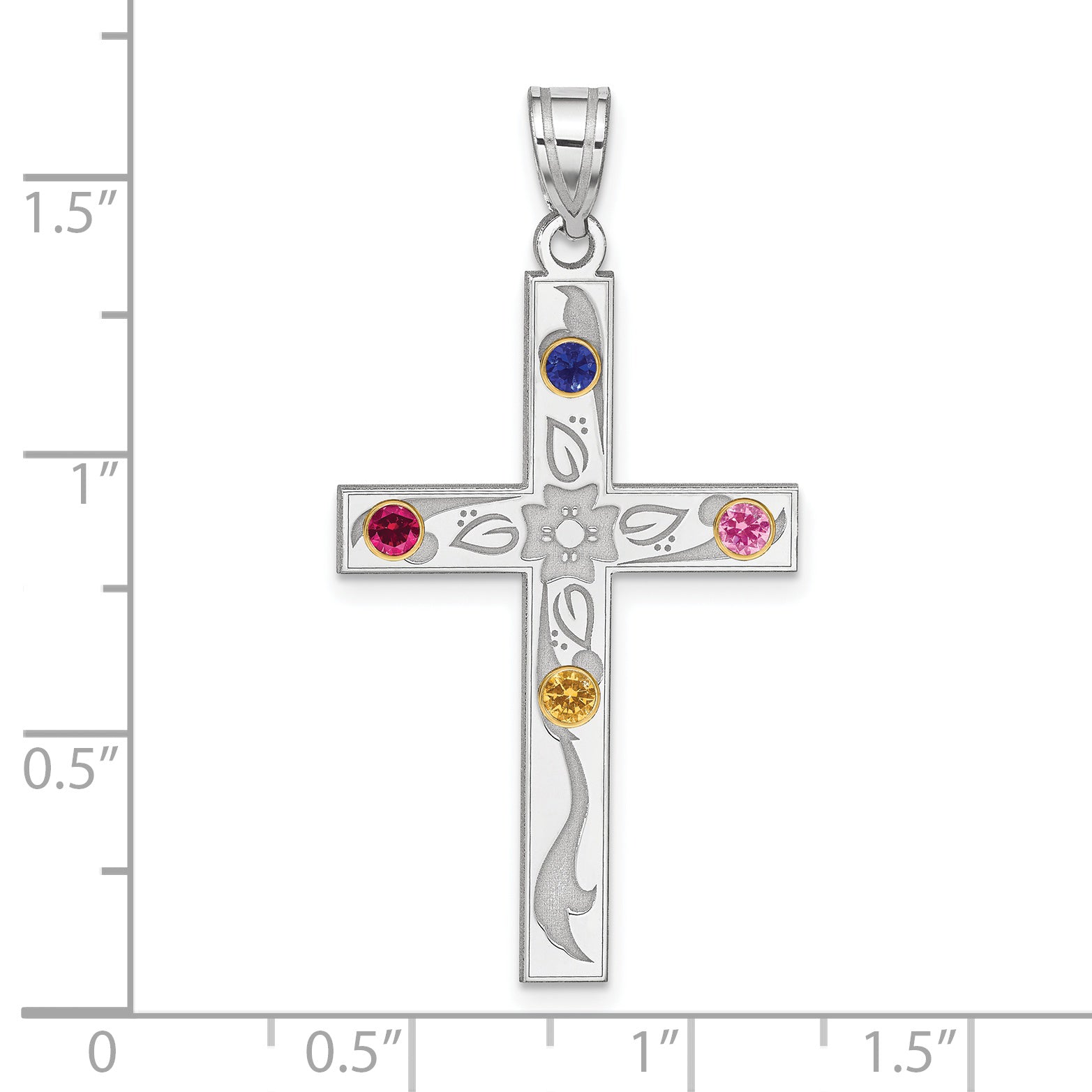 Sterling Silver Rh-plt/14k Bezel Crystal Family Cross Pendant