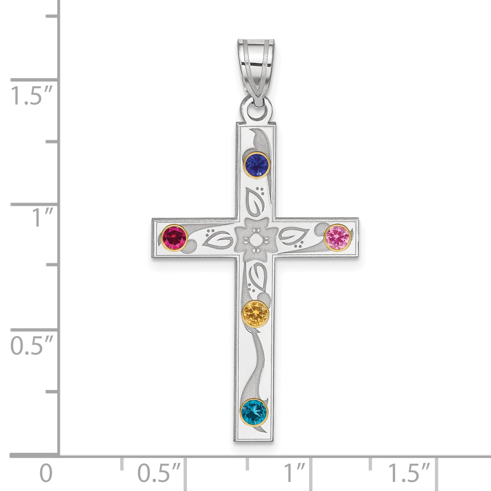 Sterling Silver Rh-plt/14k Bezel Crystal Family Cross Pendant