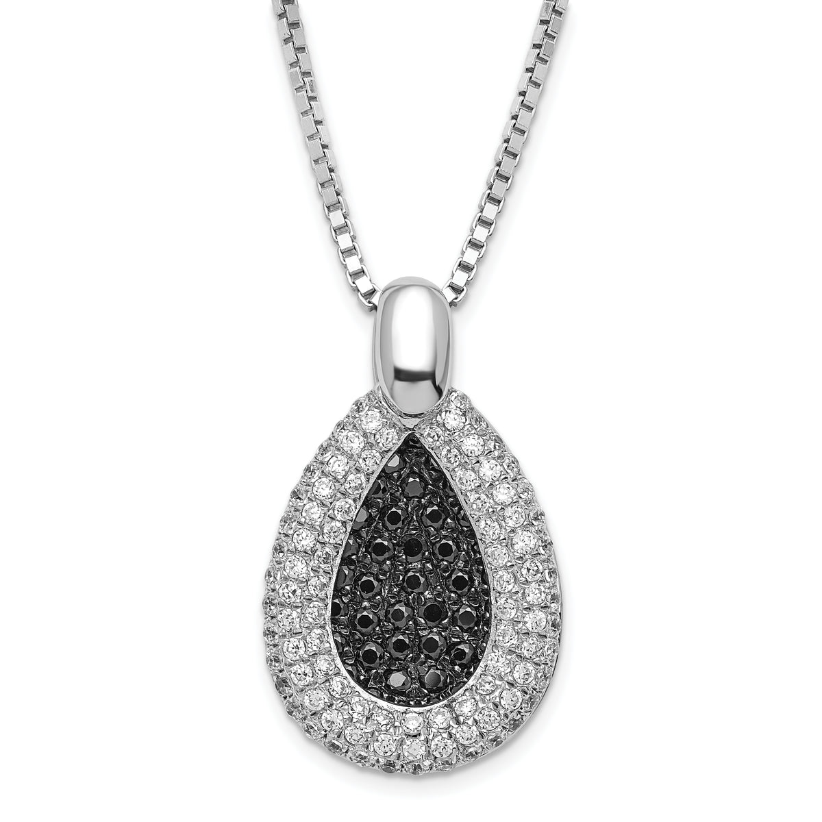 Sterling Silver Rhodium-plated Black & Clear CZ Teardrop Brilliant Embers w/ 2in ext Necklace