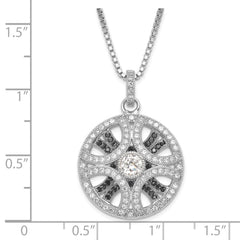 Sterling Silver Rhodium-Plated Black & Clear CZ Circle Brilliant Embers w/ 2in ext Necklace