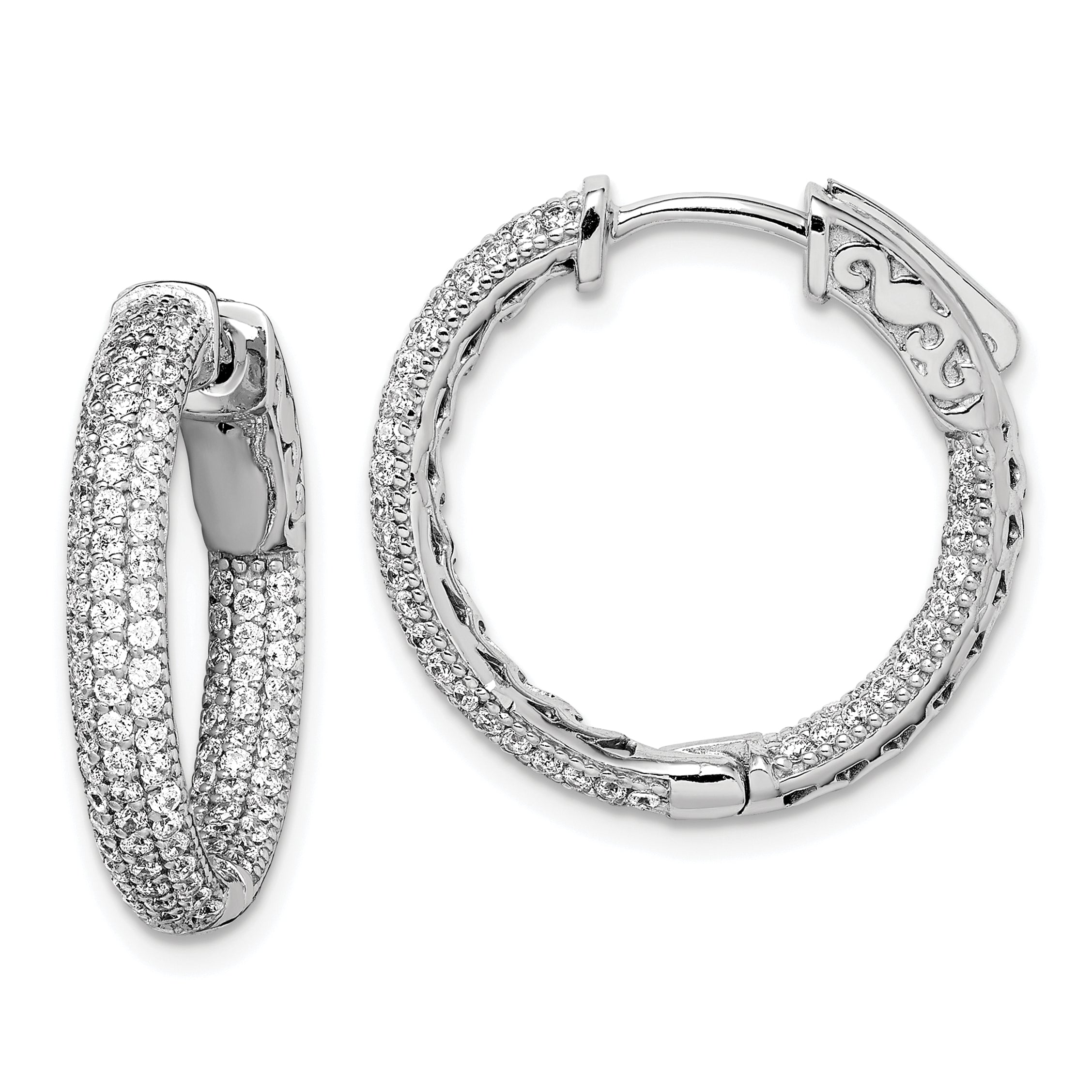 Sterling Shimmer Sterling Silver Rhodium-plated 200 Stone Pav‚ 1.1mm CZ In and Out Round Hinged Hoop Earrings