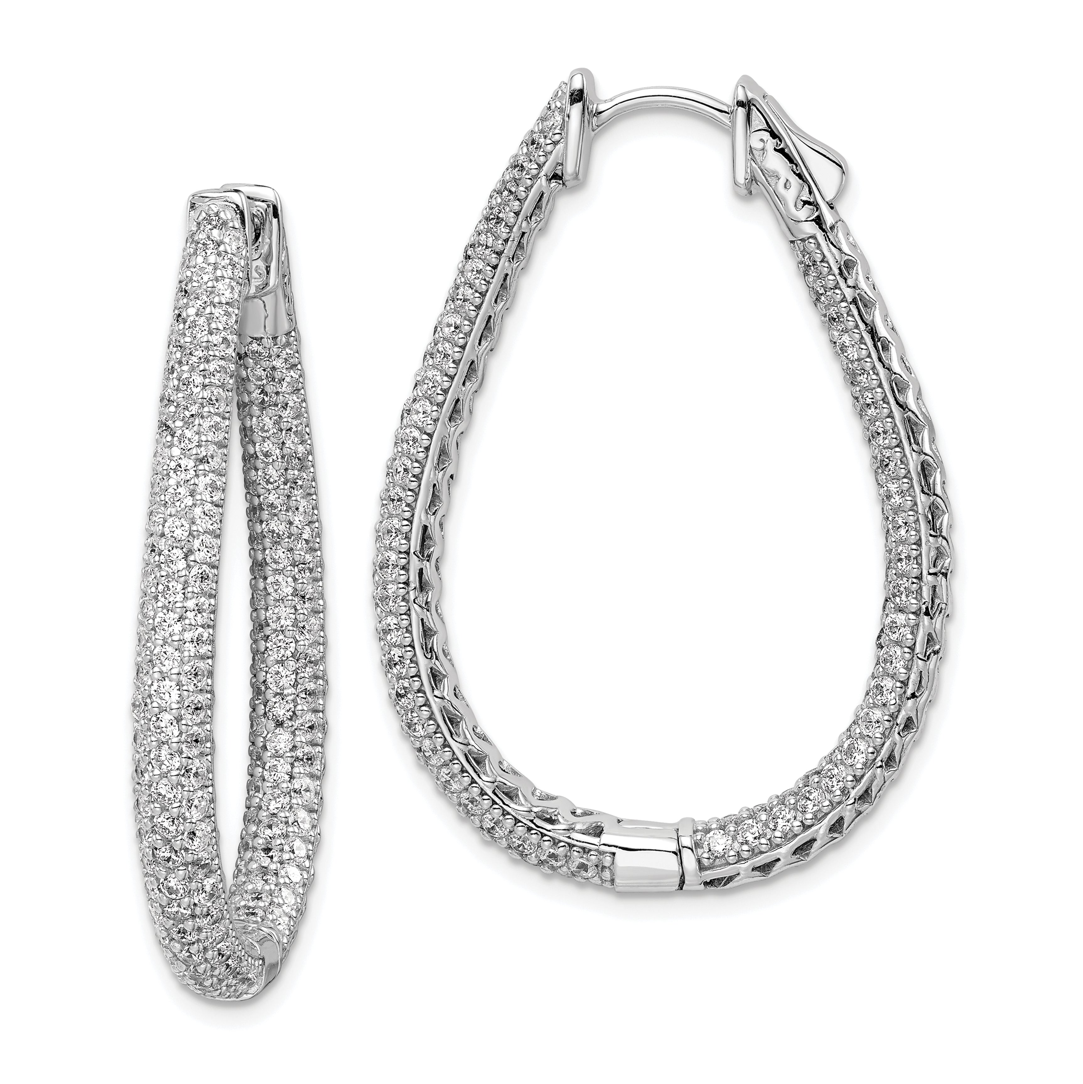 Sterling Shimmer Sterling Silver Rhodium-plated 308 Stone Pav‚ 1.2mm-1.5mm CZ In and Out Teardrop Hinged Hoop Earrings