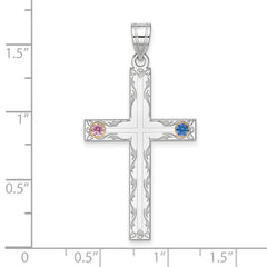 Sterling Silver Rh-plt/14k Bezel Crystal Family Cross Pendant