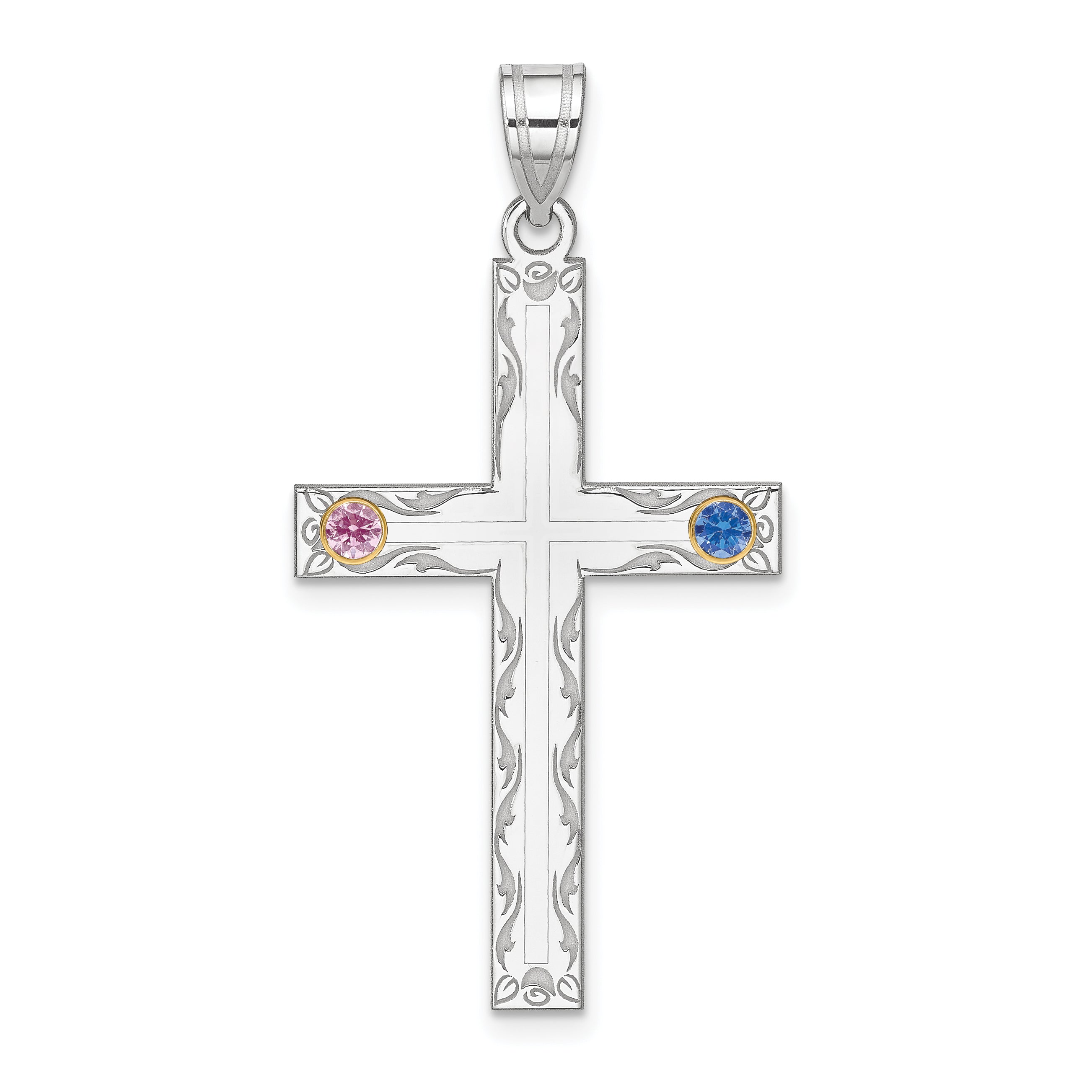 Sterling Silver Rh-plt/14k Bezel Crystal Family Cross Pendant