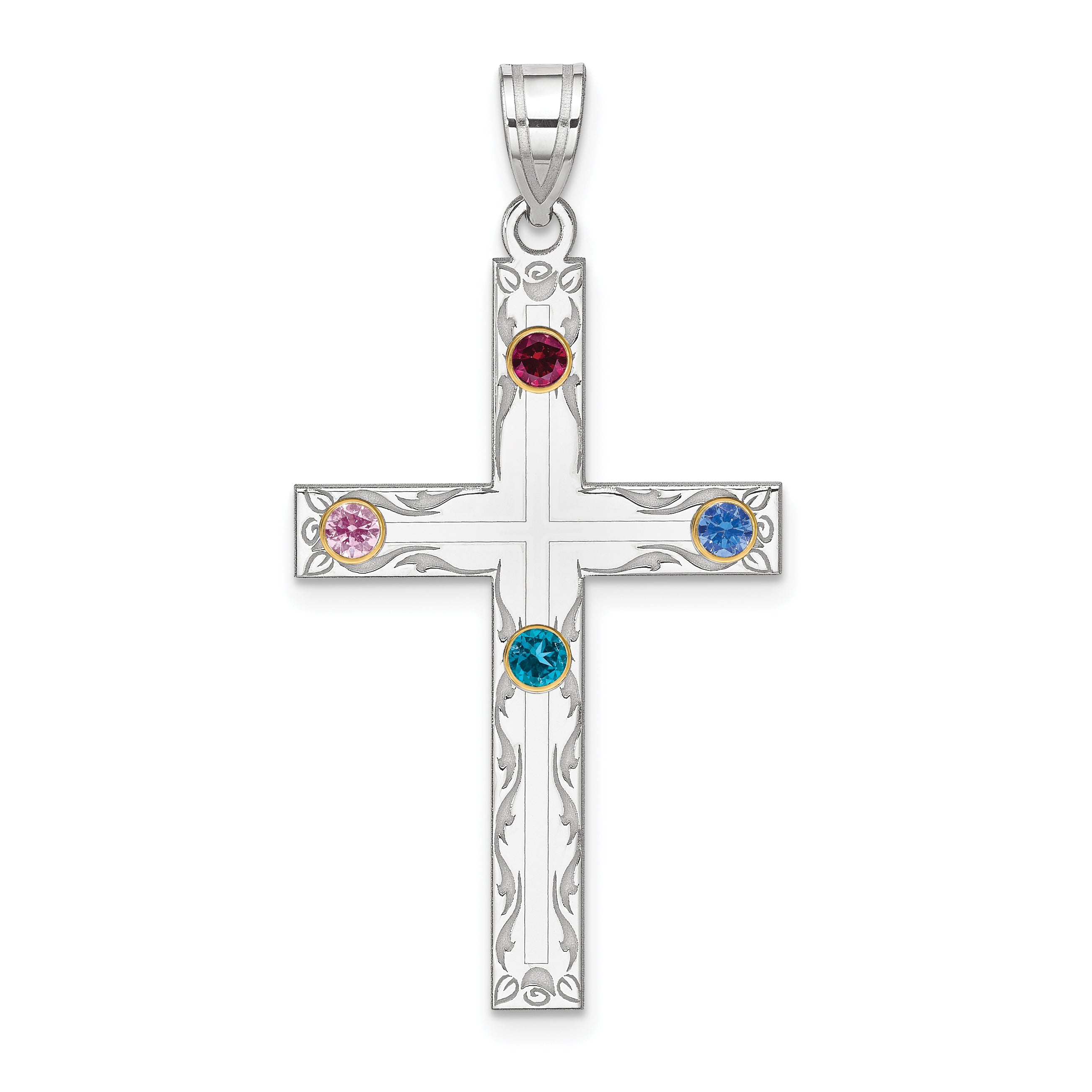 Sterling Silver Rh-plt/14k Bezel Crystal Family Cross Pendant