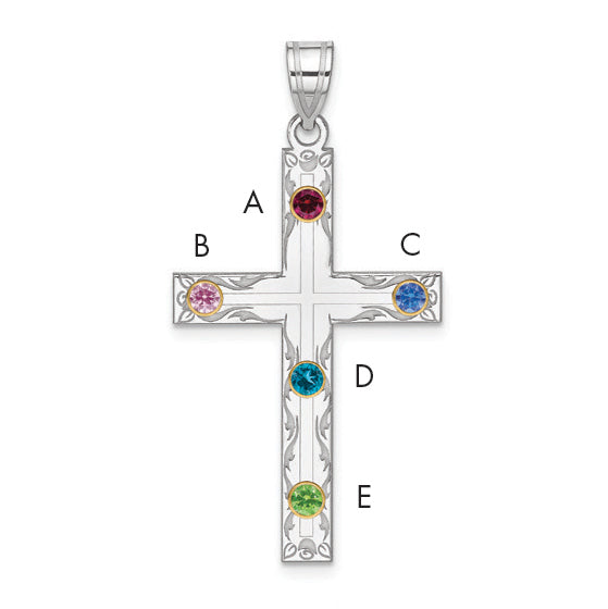 Sterling Silver Rh-plt/14k Bezel Crystal Family Cross Pendant